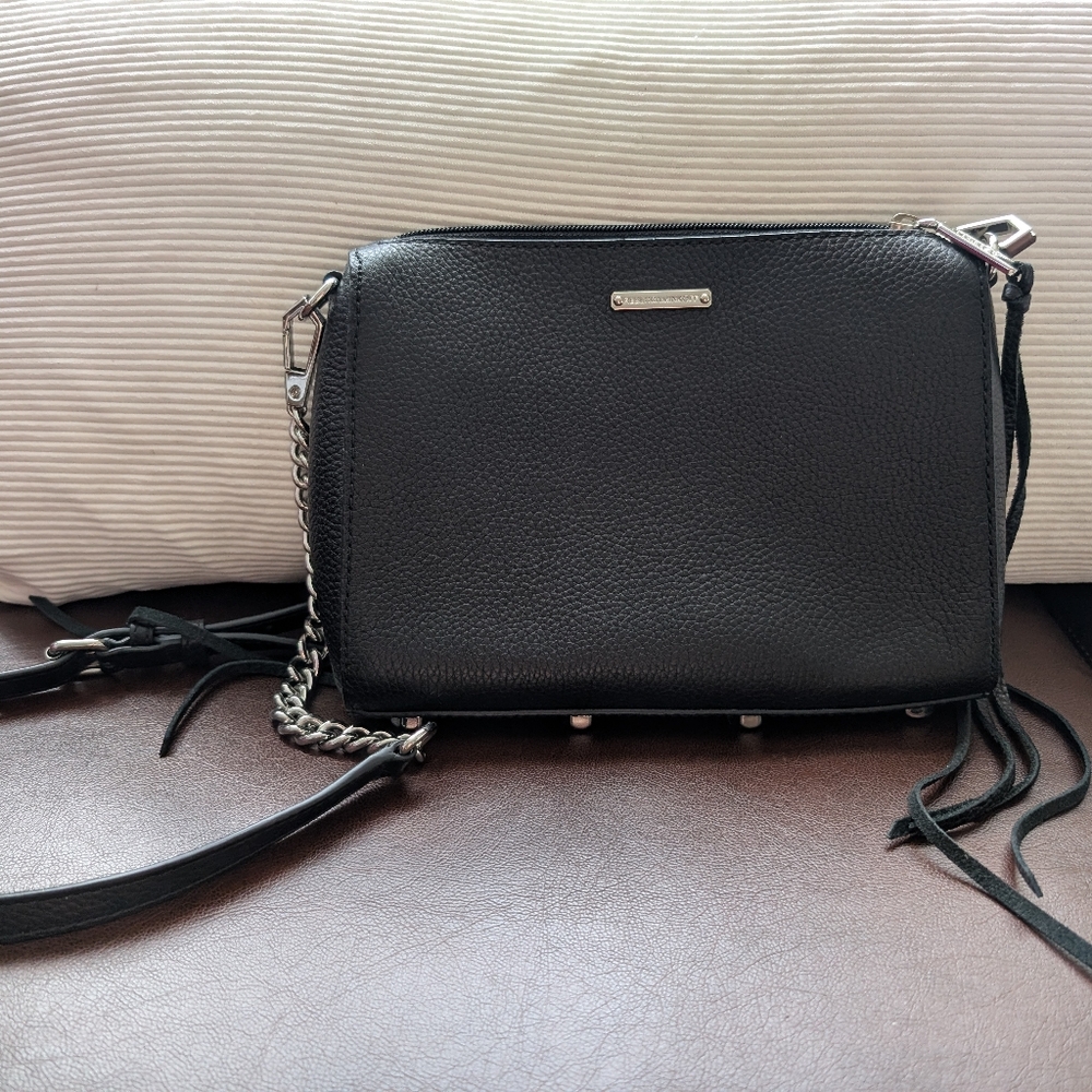 Rebecca Minkoff Black Leather Crossbody Bag with Chain Strap.  9x7"